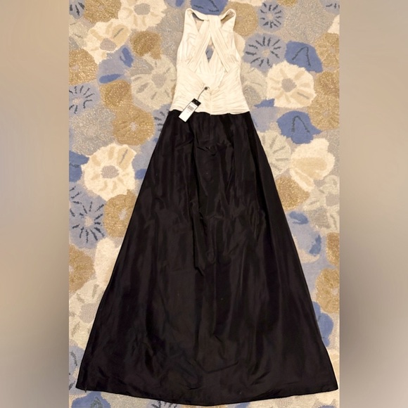 NWT BCBGMaxAzria Gardenia Halter Neck Gown Pleated Cream Crepe & Black Taffeta - Picture 6 of 13